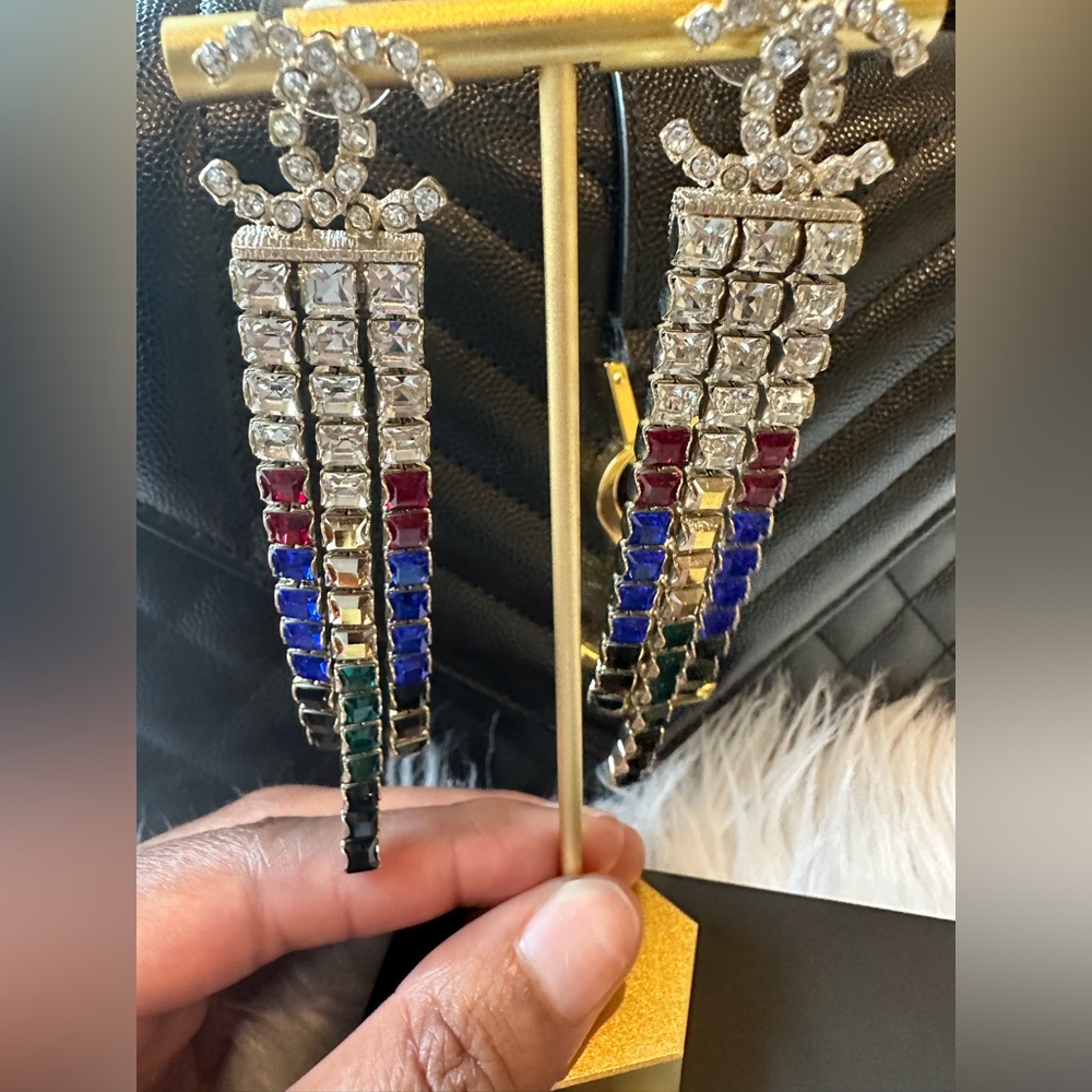 Authentic Chanel CC Drop Earrings Multicolor Crystal Embellished Metal
